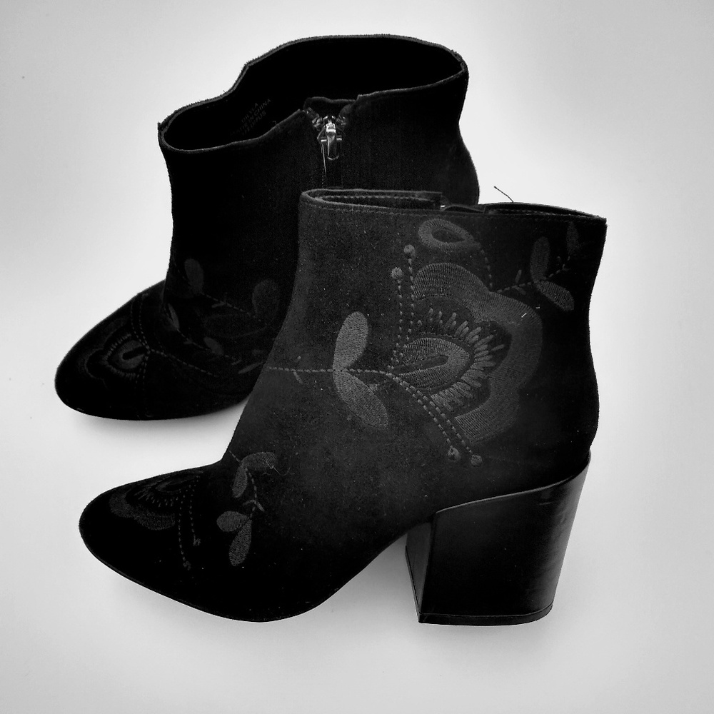 French Connection black suede low boots, size 7